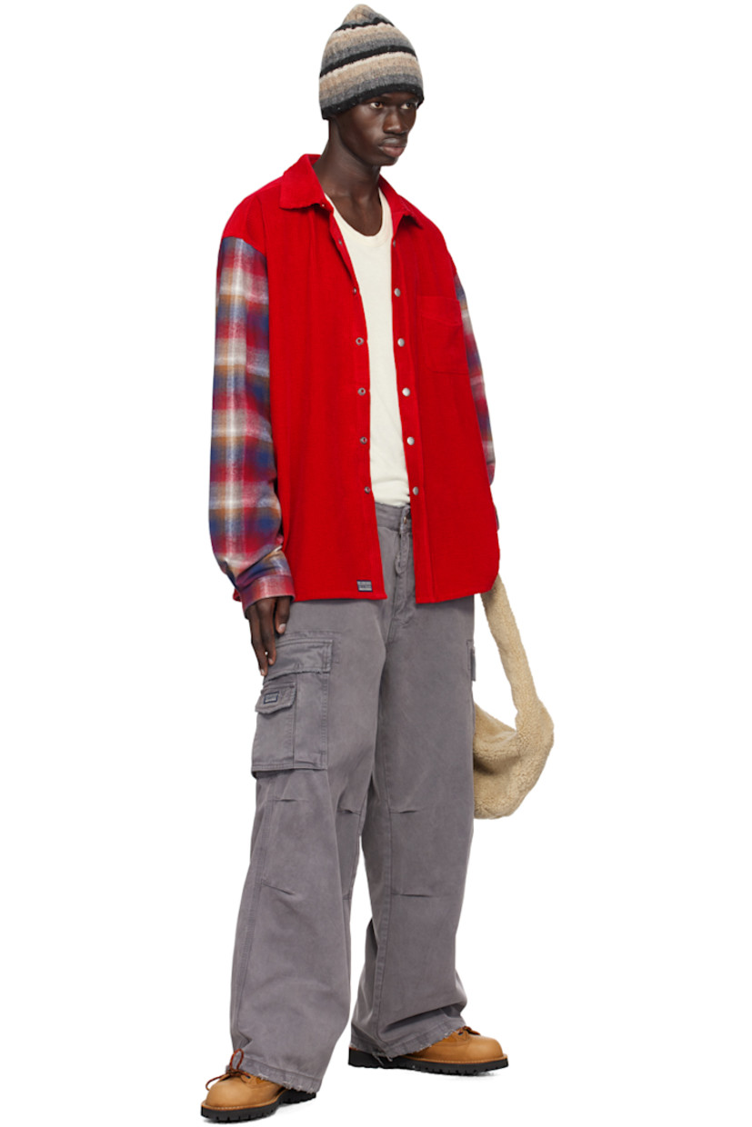 Cotton corduroy and cotton flannel overshirt. 

· Paneled construction
· Spread collar
· Press-stud closure
· Patch pocket
· Logo patch at front
· Shirttail hem
· Dropped shoulders
· Plaid pattern at sleeves
· Pleats at single-press-stud barrel cuffs
· Box pleat at back yoke
· Logo-engraved silver-tone hardware

Supplier color: Red