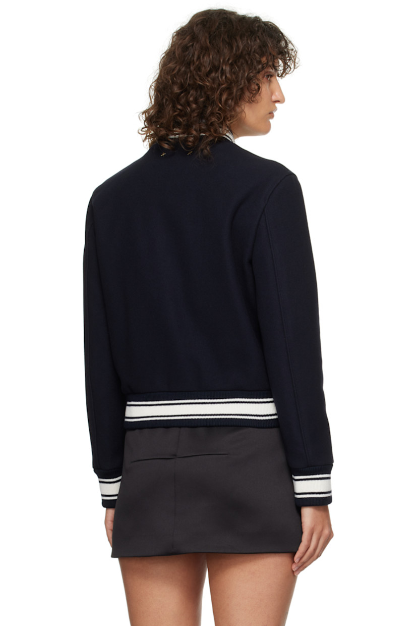 Slim-fit virgin wool-blend melton bomber jacket.

· Striped rib-knit stand collar, hem, and cuffs
· Press-stud closure
· Logo embroidered at chest
· Welt pockets
· Logo hardware at back collar 
· Full satin and twill lining

Supplier color: Dark blue