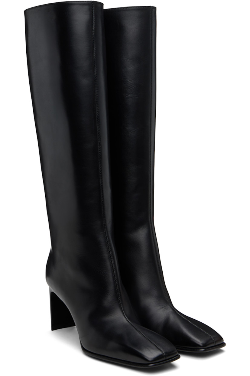 Knee-high buffed calfskin boots in black.

· Pointed square toe
· Grained calfskin lining
· Logo hardware at covered block heel
· Leather sole
· Heel: H2.75"

Supplier color: Nero