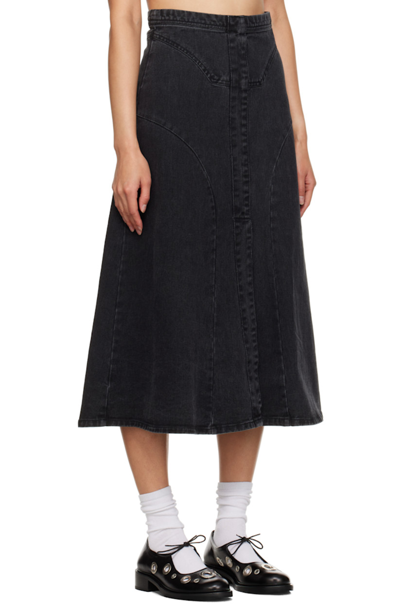 Non-stretch denim midi skirt. 

· Paneled construction
· Central vent at front hem 
· Zip closure at back waistband

Supplier color: Black