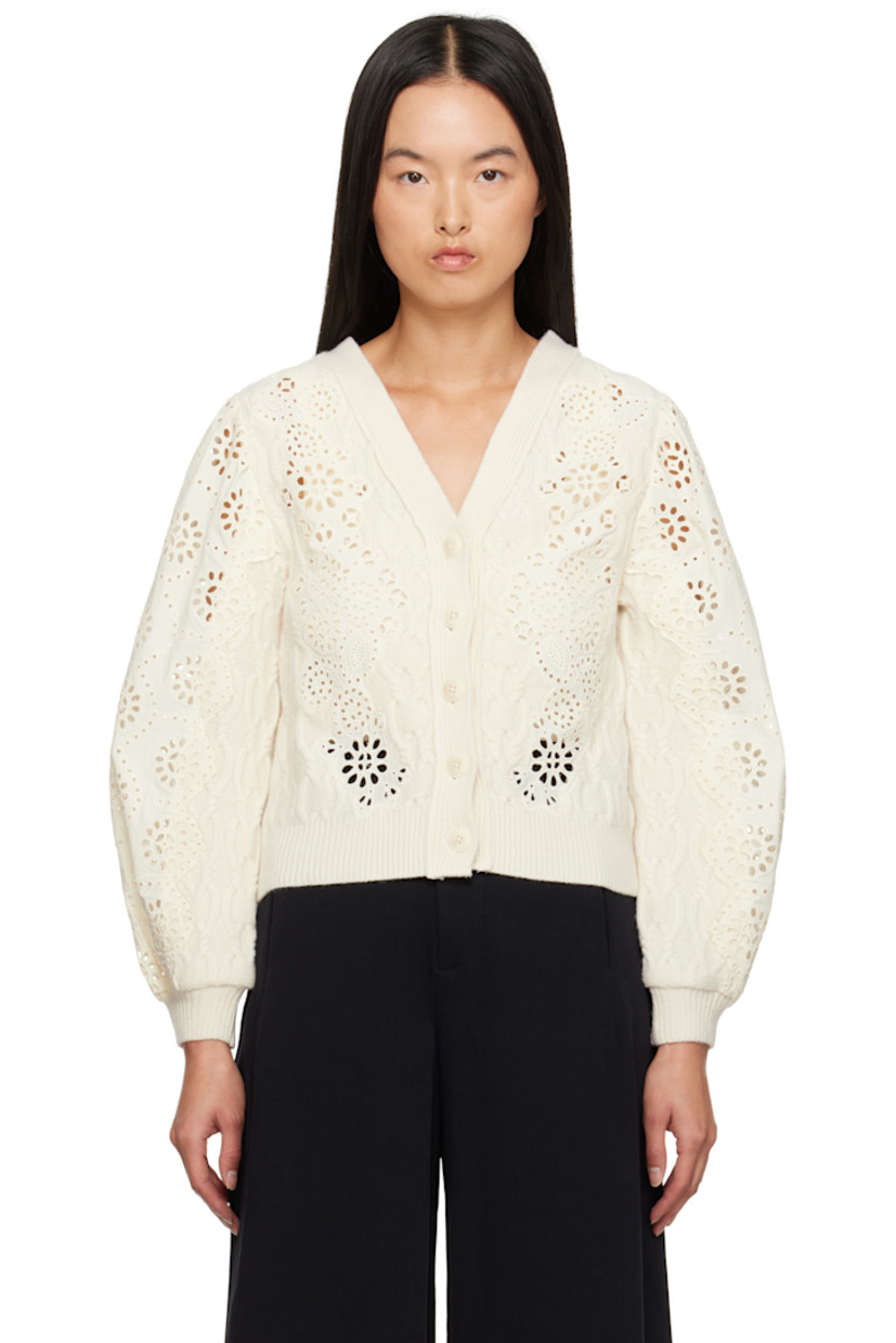 Relaxed-fit knit wool and cotton cardigan. Broderie anglaise detailing throughout.

· Rib-knit Y-neck, hem, and cuffs
· Button closure
· Balloon sleeves

Supplier color: Cream