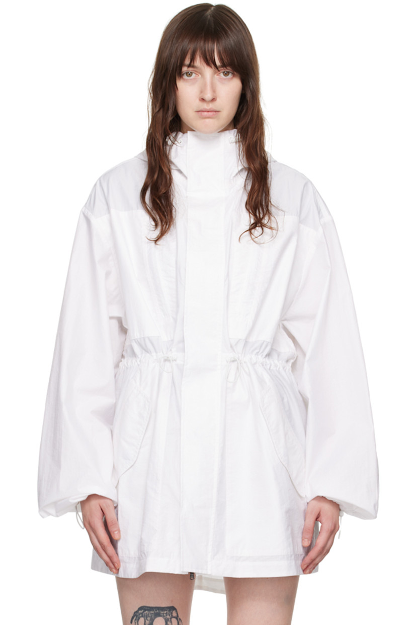 Relaxed-fit cotton-blend micro ripstop jacket.

· Lightweight and breathable
· Bungee-style drawstring at hood, waist, and cuffs
· Funnel neck
· Two-way zip closure with press-stud placket
· Zip and flap pockets
· Droptail hem
· Dropped shoulders

Supplier color: White