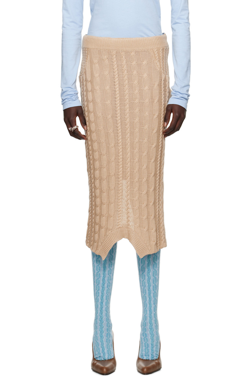 Cable-knit cotton- and silk-blend and non-stretch denim skirt. 

· Paneled construction
· Partially rib knit waistband 
· Two-pocket styling
· Rib knit trim at asymmetric hem 
· Concealed zip closure at outseam
· Central vent at back hem
· Partial satin lining
· Contrast stitching in tan 

Available exclusively at SSENSE.

Supplier color: Bleu/Camel