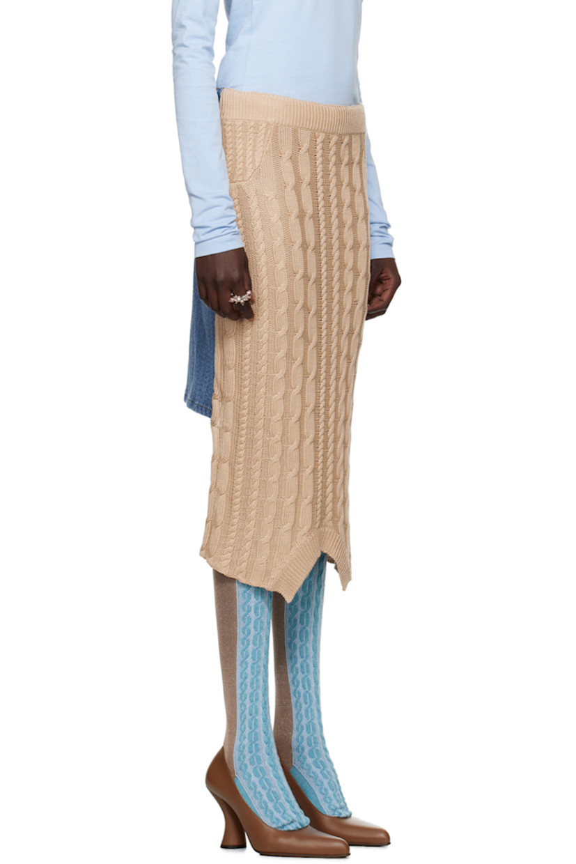 Cable-knit cotton- and silk-blend and non-stretch denim skirt. 

· Paneled construction
· Partially rib knit waistband 
· Two-pocket styling
· Rib knit trim at asymmetric hem 
· Concealed zip closure at outseam
· Central vent at back hem
· Partial satin lining
· Contrast stitching in tan 

Available exclusively at SSENSE.

Supplier color: Bleu/Camel