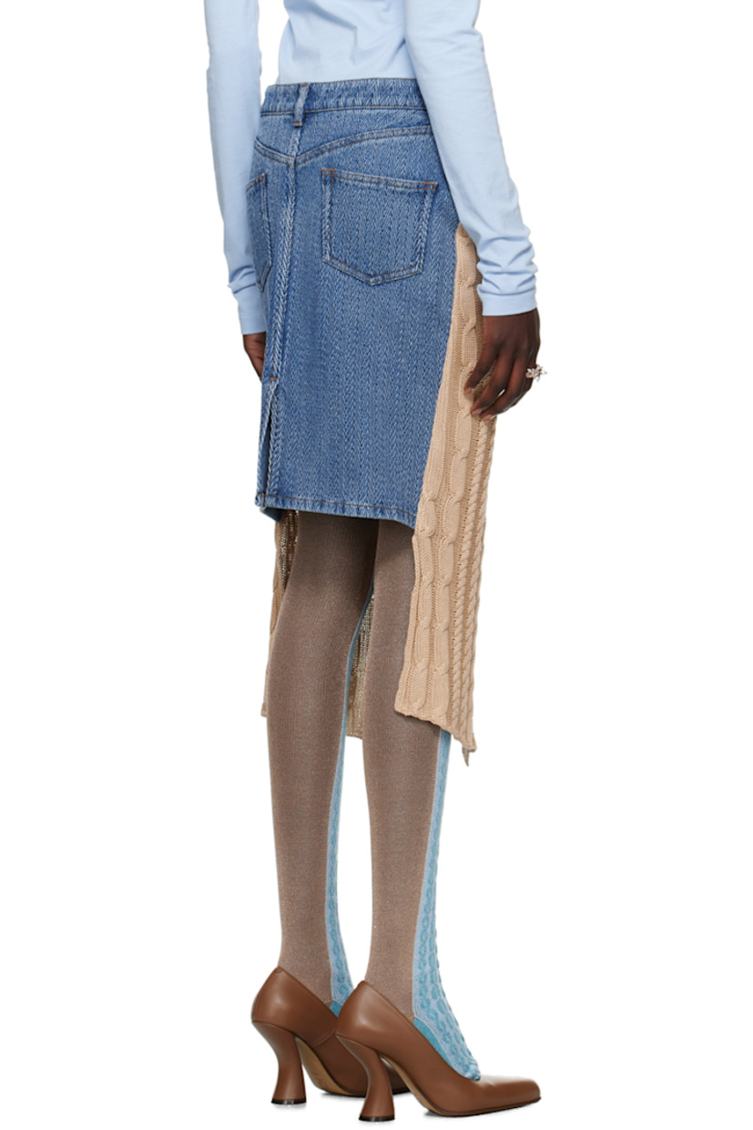 Cable-knit cotton- and silk-blend and non-stretch denim skirt. 

· Paneled construction
· Partially rib knit waistband 
· Two-pocket styling
· Rib knit trim at asymmetric hem 
· Concealed zip closure at outseam
· Central vent at back hem
· Partial satin lining
· Contrast stitching in tan 

Available exclusively at SSENSE.

Supplier color: Bleu/Camel