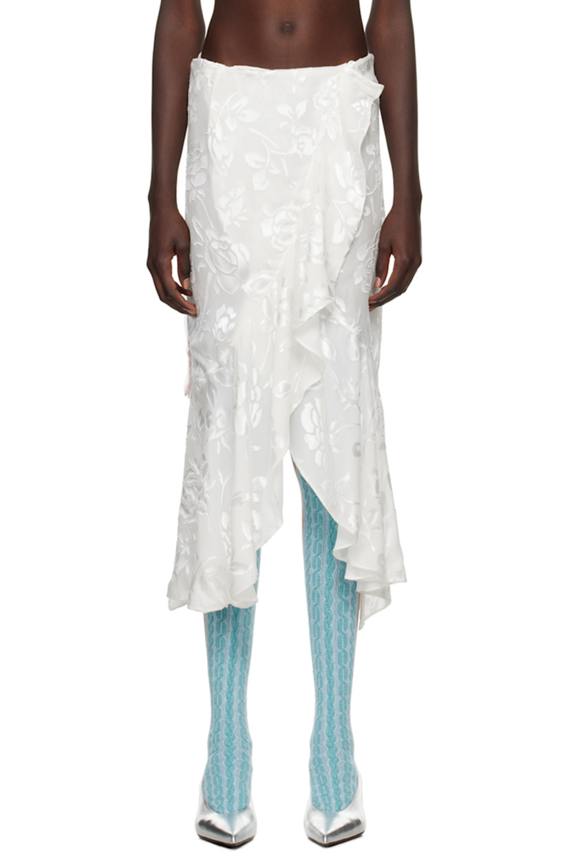 Silk voile and polyester cloqué midi skirt. Floral pattern throughout.  

· Paneled and wrap construction 
· Self-tie drawstring at partially elasticized waistband 
· Ruffled trim at asymmetric hem
· Lettuce edge at back hem 
· Partial voile lining 

Available exclusively at SSENSE.

Supplier color: Off white