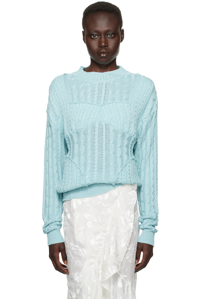 Cable-knit mulberry silk-blend sweater. Raw edges throughout.

· Paneled construction
· Rib-knit crewneck, hem, and cuffs
· Dropped shoulders
· Cutout at sleeve

Available exclusively at SSENSE.

Supplier color: Aqua