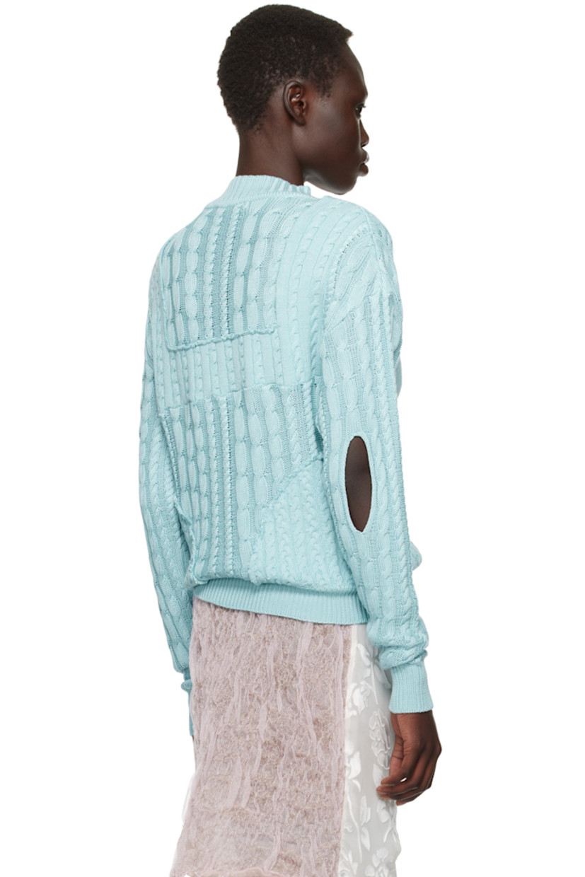 Cable-knit mulberry silk-blend sweater. Raw edges throughout.

· Paneled construction
· Rib-knit crewneck, hem, and cuffs
· Dropped shoulders
· Cutout at sleeve

Available exclusively at SSENSE.

Supplier color: Aqua