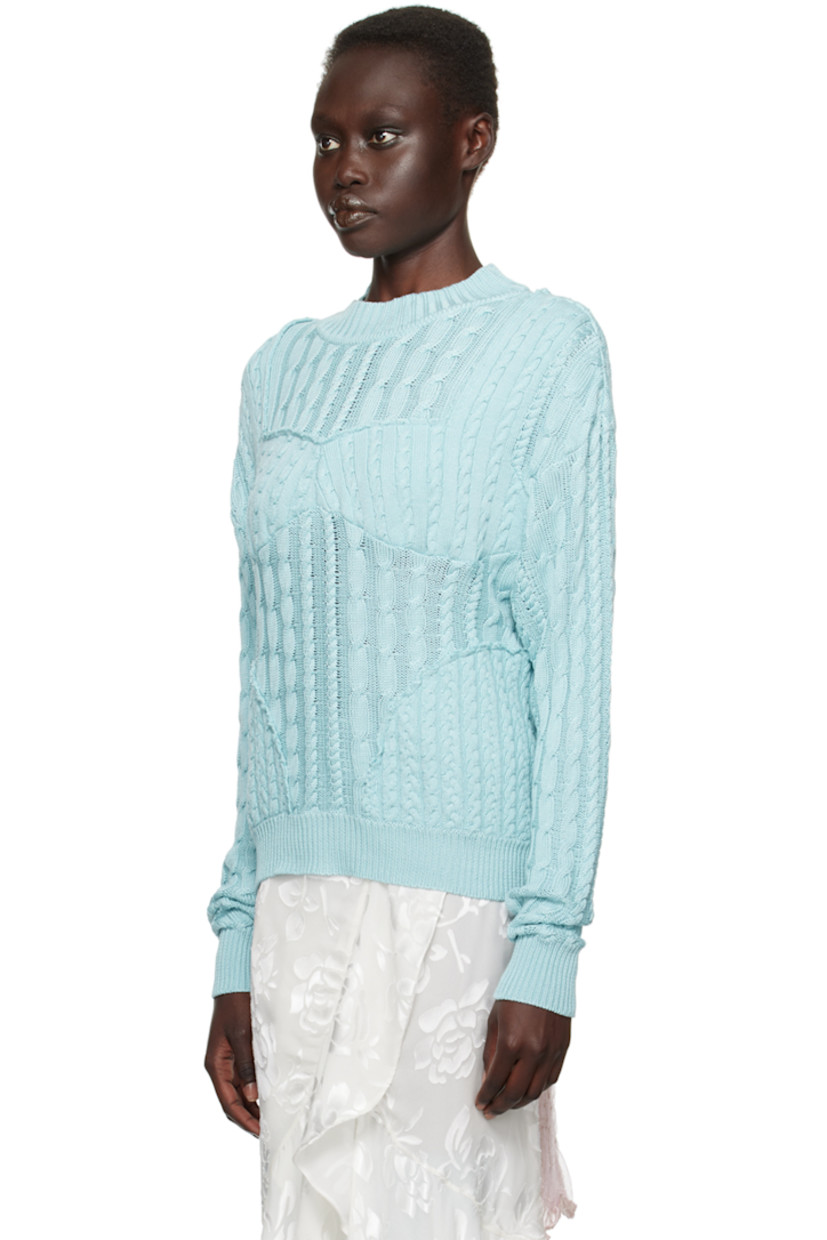 Cable-knit mulberry silk-blend sweater. Raw edges throughout.

· Paneled construction
· Rib-knit crewneck, hem, and cuffs
· Dropped shoulders
· Cutout at sleeve

Available exclusively at SSENSE.

Supplier color: Aqua