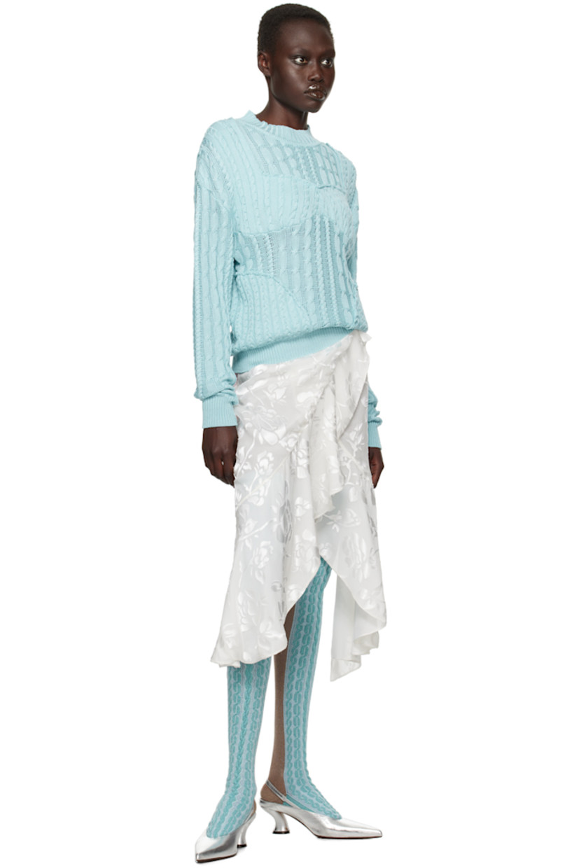 Cable-knit mulberry silk-blend sweater. Raw edges throughout.

· Paneled construction
· Rib-knit crewneck, hem, and cuffs
· Dropped shoulders
· Cutout at sleeve

Available exclusively at SSENSE.

Supplier color: Aqua