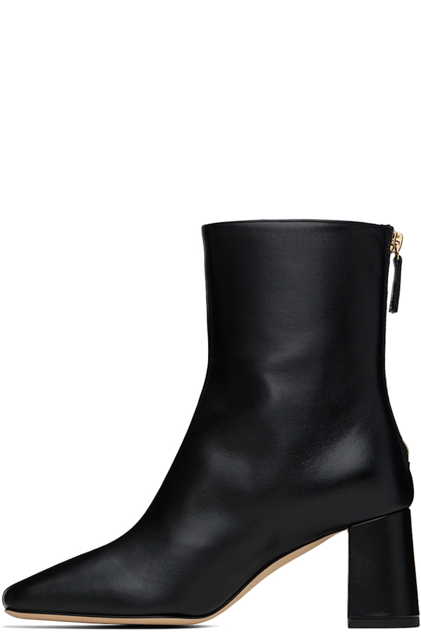 Handcrafted ankle-high polished leather boots in black.

· Pointed square toe
· Zip closure at back
· Logo embossed at padded leather insole
· Buffed leather lining
· Covered block heel with rubber injection
· Suede sole
· Heel: H2.75"

Supplier color: Black