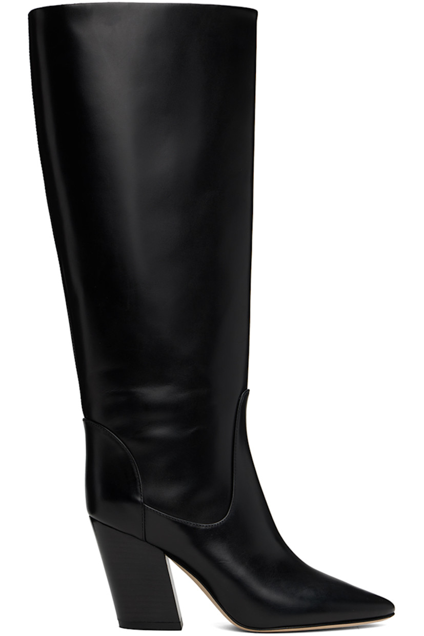 Handcrafted knee-high polished leather slip-on boots in black.

· Pointed toe
· Padded leather insole
· Buffed leather lining
· Stacked leather block heel with rubber injection
· Suede sole
· Heel: H3.25"

Supplier color: Black