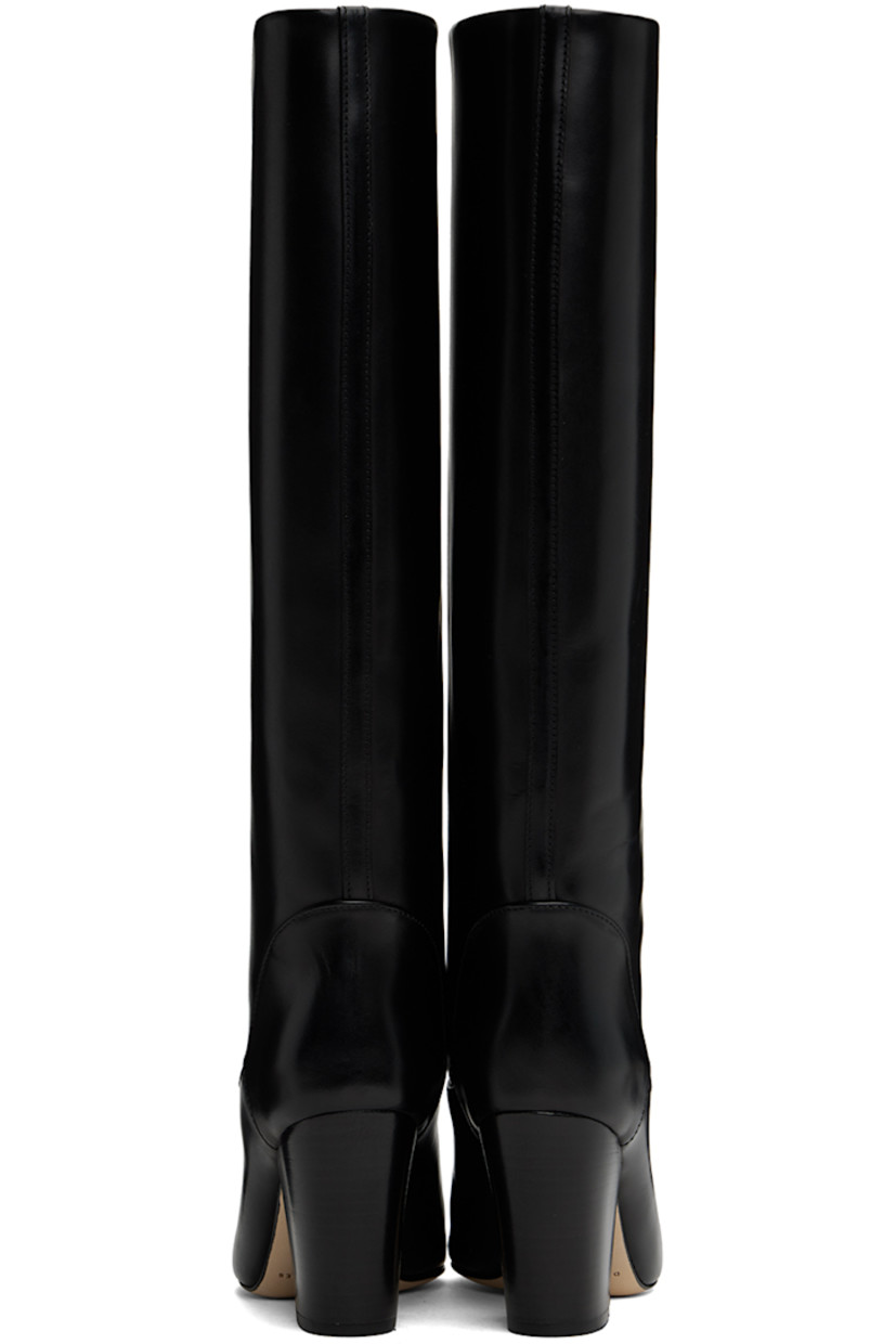 Handcrafted knee-high polished leather slip-on boots in black.

· Pointed toe
· Padded leather insole
· Buffed leather lining
· Stacked leather block heel with rubber injection
· Suede sole
· Heel: H3.25"

Supplier color: Black