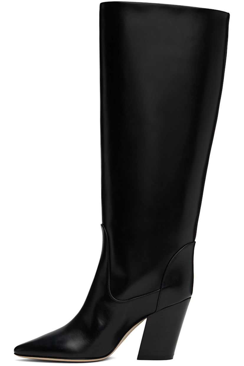 Handcrafted knee-high polished leather slip-on boots in black.

· Pointed toe
· Padded leather insole
· Buffed leather lining
· Stacked leather block heel with rubber injection
· Suede sole
· Heel: H3.25"

Supplier color: Black