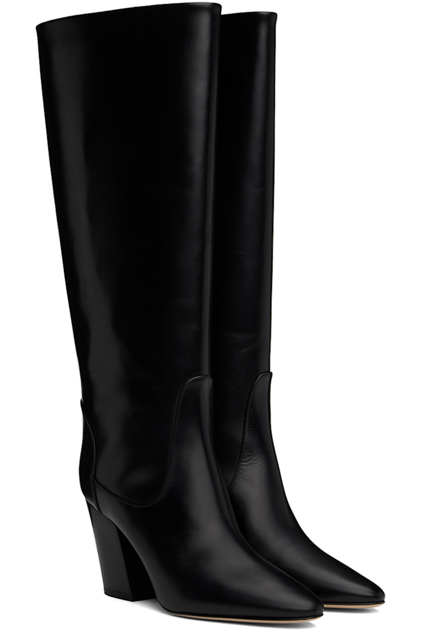 Handcrafted knee-high polished leather slip-on boots in black.

· Pointed toe
· Padded leather insole
· Buffed leather lining
· Stacked leather block heel with rubber injection
· Suede sole
· Heel: H3.25"

Supplier color: Black