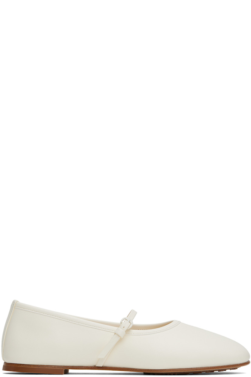 Handcrafted nappa leather ballerina flats in off-white.

· Pin-buckle strap at vamp
· Logo embossed at padded leather insole
· Buffed leather lining
· Suede sole with treaded rubber injections

Supplier color: Chalk