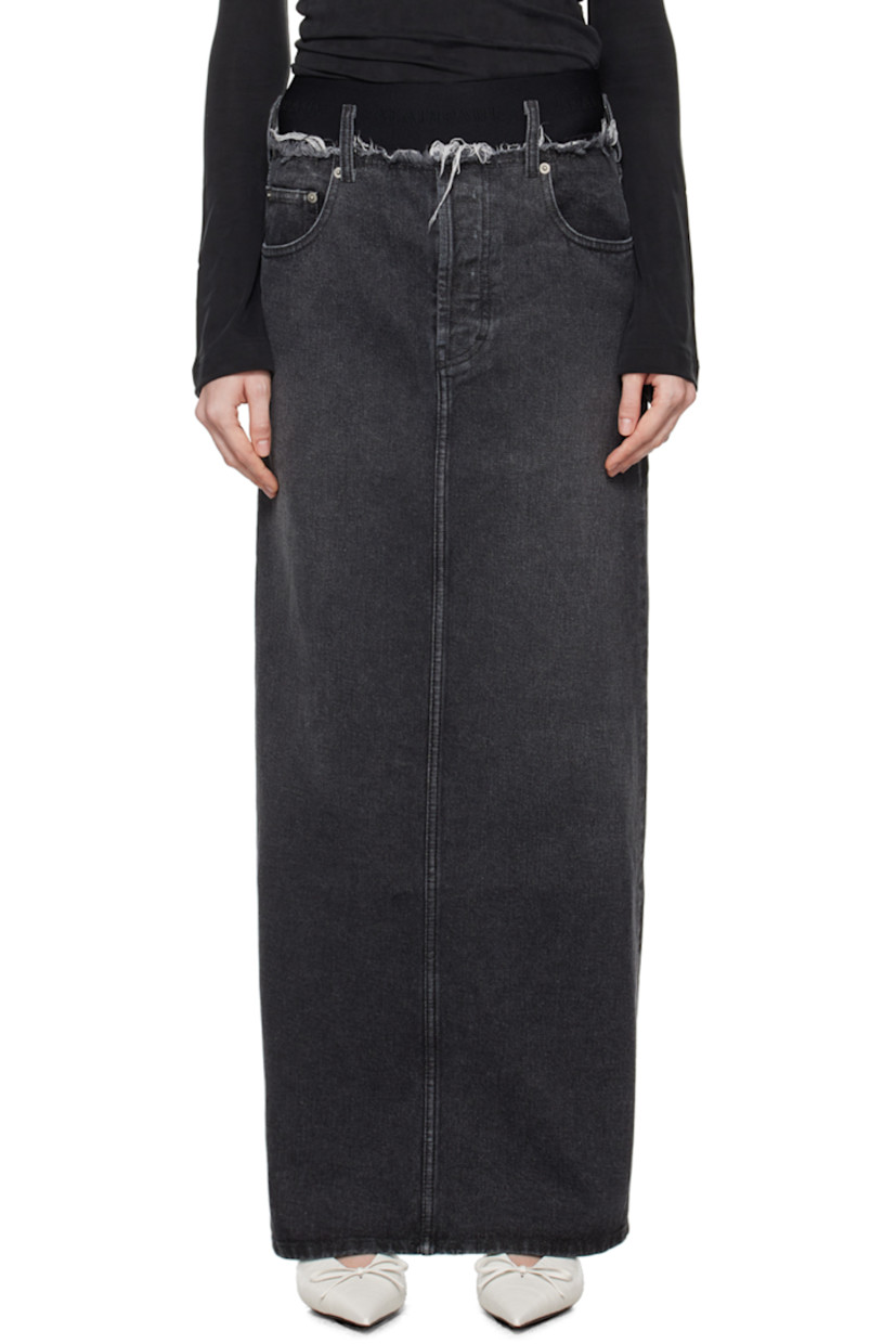 Non-stretch denim skirt. Fading throughout.

· Logo-woven elasticized waistband
· Frayed edge at waistband
· Belt loops
· Five-pocket styling
· Button-fly
· Central vent at back hem 
· Logo-engraved silver-tone hardware 

Supplier color: Black wash