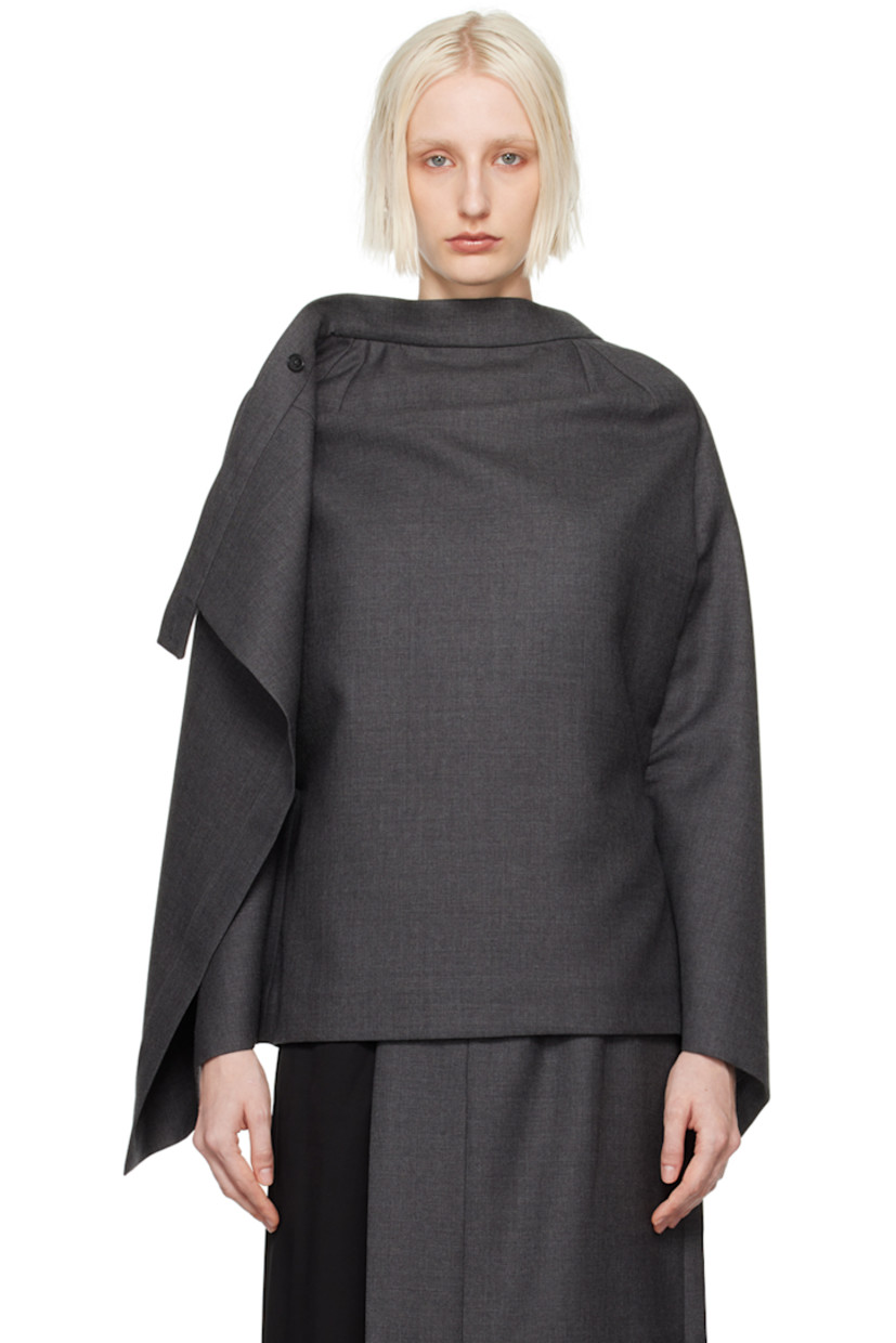 Virgin wool twill and viscose twill top. Integrated skirt-style overlay.

· Layered and wrap construction
· Button fastening at collar
· Darts at front 
· Concealed zip closure at back 
· Central vent at back hem
· Full logo-woven satin lining 

Supplier color: Gray/Black