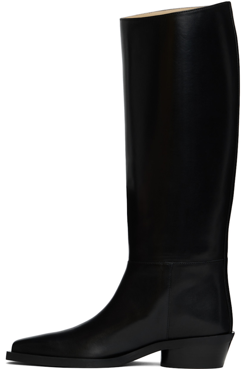 Knee-high buffed calfskin boots in black.

· Pointed square toe
· Buffed leather lining
· Stacked leather block heel with rubber injection
· Leather sole
· Heel: H1.5"

Supplier color: Black