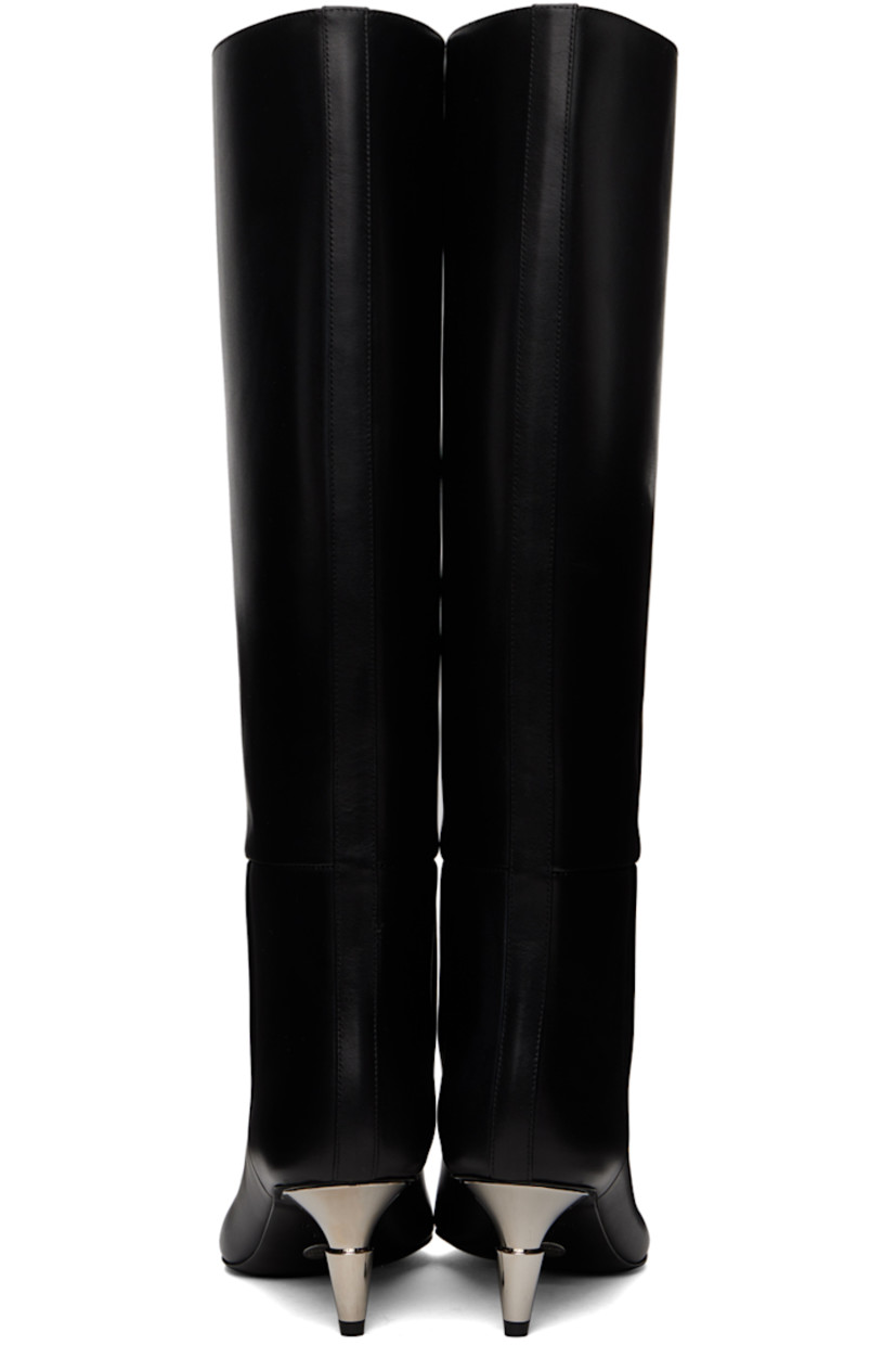 Knee-high polished calfskin slip-on boots in black.

· Pointed toe
· Buffed calfskin lining
· Metal kitten heel with rubber injection
· Logo plaque at polished leather sole
· Heel: H2"

Supplier color: Black