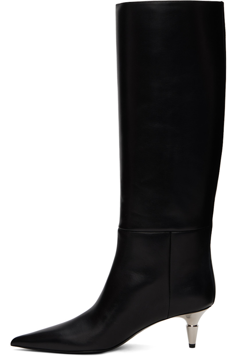 Knee-high polished calfskin slip-on boots in black.

· Pointed toe
· Buffed calfskin lining
· Metal kitten heel with rubber injection
· Logo plaque at polished leather sole
· Heel: H2"

Supplier color: Black