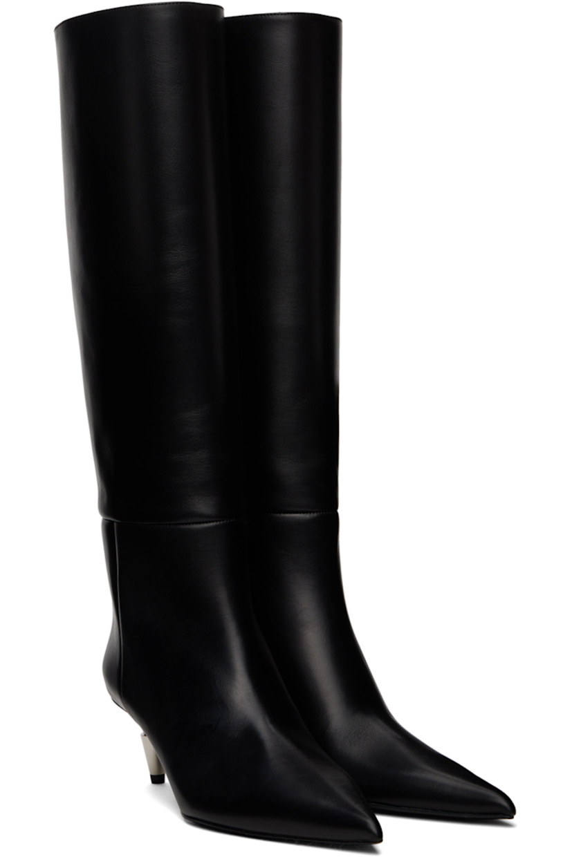 Knee-high polished calfskin slip-on boots in black.

· Pointed toe
· Buffed calfskin lining
· Metal kitten heel with rubber injection
· Logo plaque at polished leather sole
· Heel: H2"

Supplier color: Black