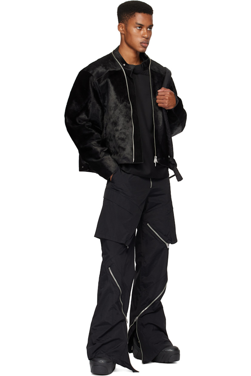 Padded hair-on leather jacket.

· Paneled construction
· Band collar
· Two-way zip closure
· Welt pockets
· Press-stud tab at side seams and cuffs
· Welt pocket at interior
· Full canvas lining
· Engraved silver-tone hardware

Supplier color: Black