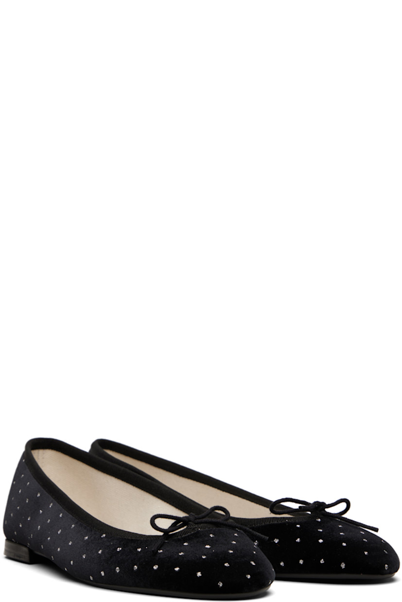 Sheer mesh ballerina flats in black.

· Sequins throughout
· Almond toe  
· Bow accent at vamp
· Grosgrain trim at collar
· Stacked leather heel with rubber injection
· Treaded rubber sole
 
Supplier color: Black