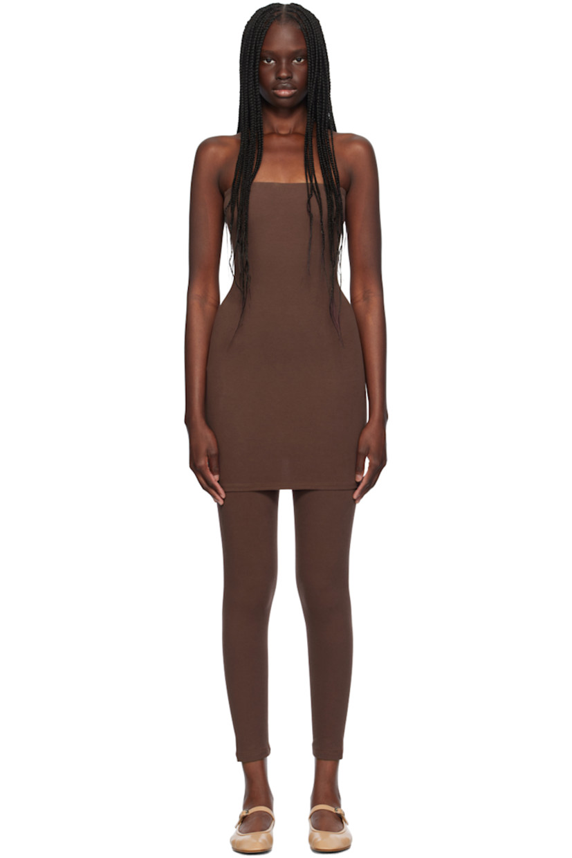 Stretch cotton jersey dress.

· Straight neck
· Converts to skirt

Supplier color: Chocolate