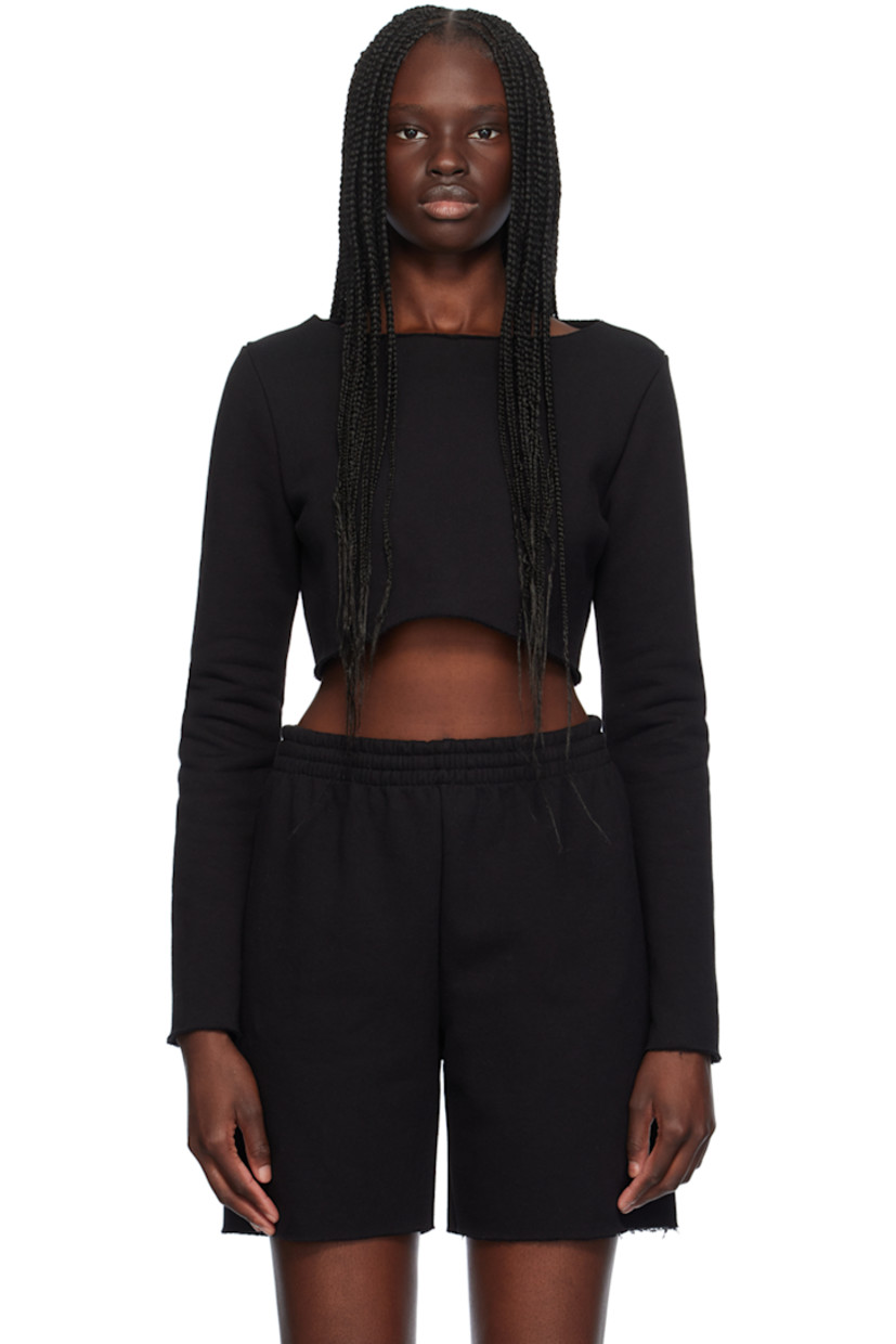 Cotton fleece sweatshirt. Raw edge at boat neck, cropped hem, and cuffs. 

Supplier color: Black