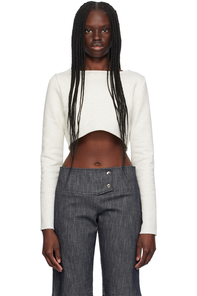 Cotton fleece sweatshirt. Raw edge at boat neck, cropped hem, and cuffs. 

Supplier color: Ash gray
