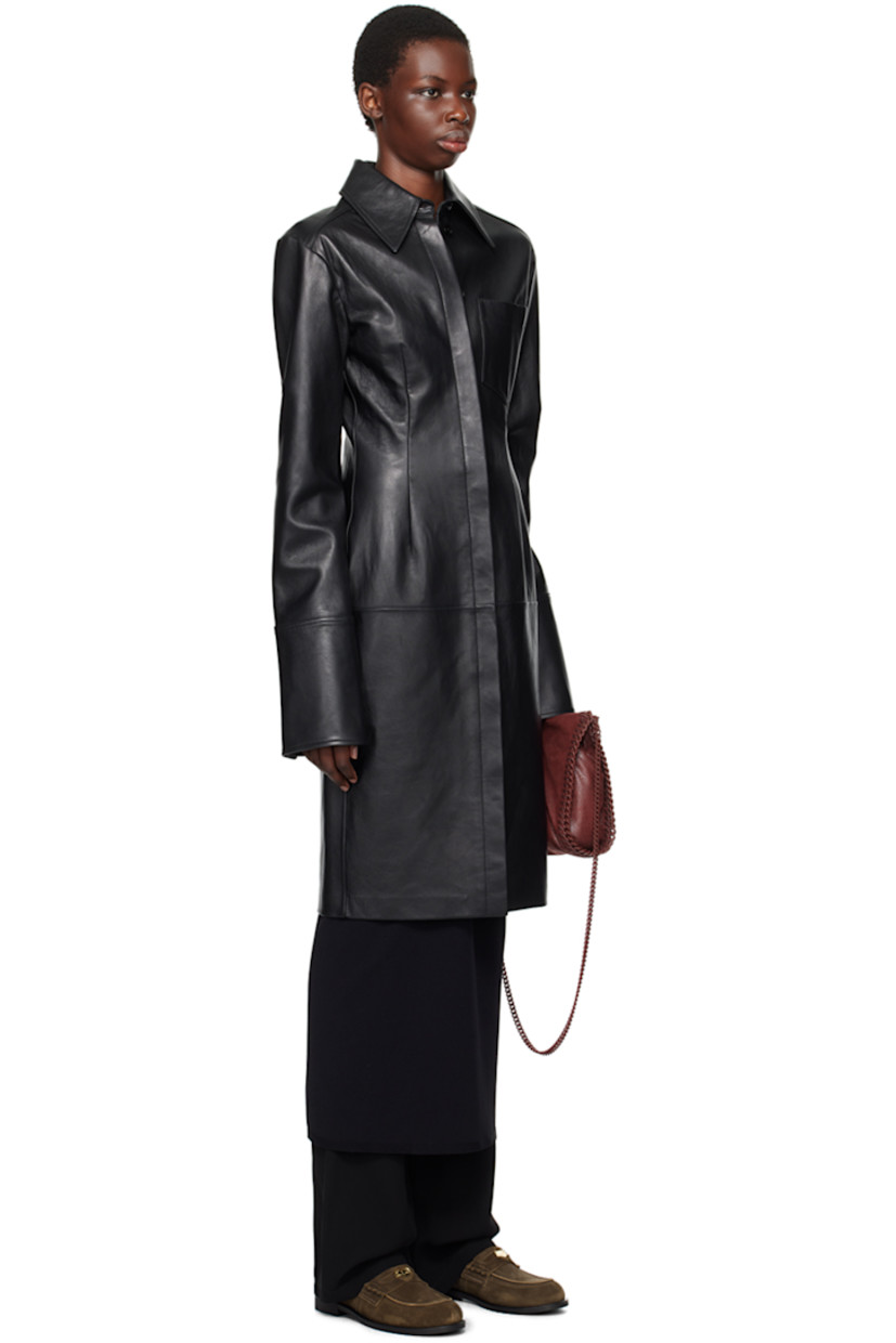 Nappa leather dress.

· Spread collar
· Button closure 
· Patch pocket
· Darts at front and back 
· Unlined

Supplier color: Black