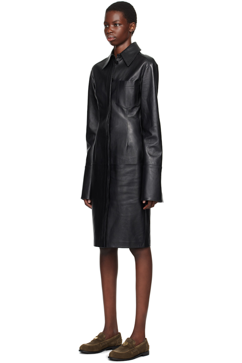 Nappa leather dress.

· Spread collar
· Button closure 
· Patch pocket
· Darts at front and back 
· Unlined

Supplier color: Black