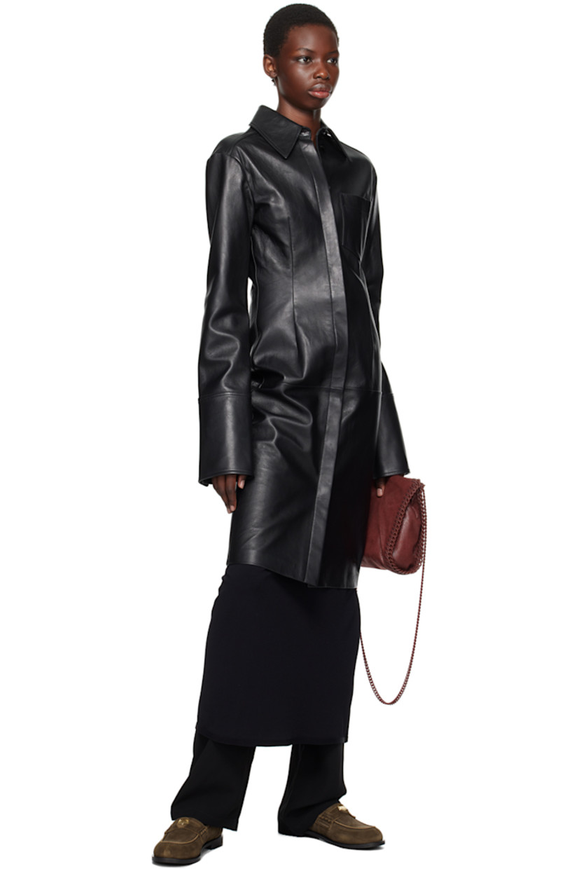 Nappa leather dress.

· Spread collar
· Button closure 
· Patch pocket
· Darts at front and back 
· Unlined

Supplier color: Black