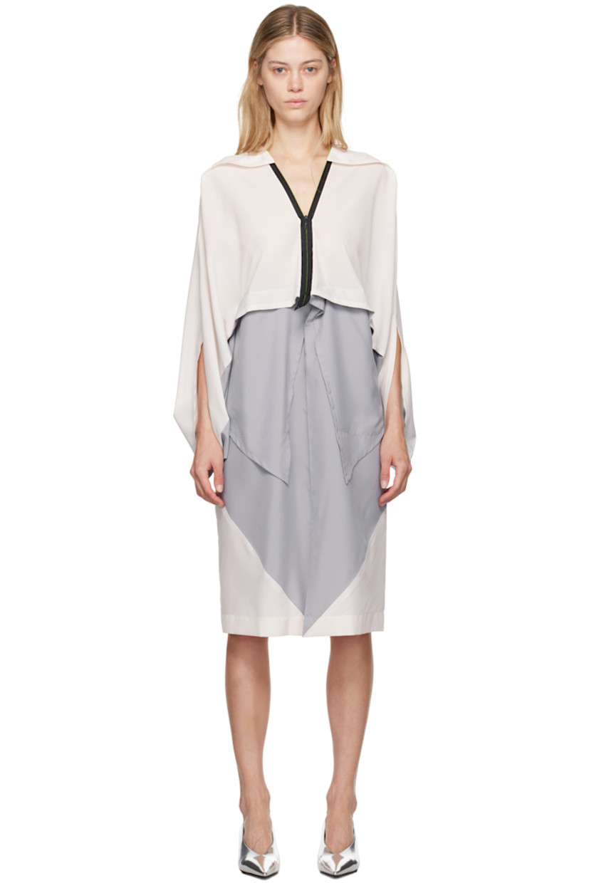 Polyester chiffon dress. Pinched seams throughout.

· Draped construction
· V-neck
· Zip closure
· Patch pockets
· Slit at front hem

Supplier color: Light gray/Off-white