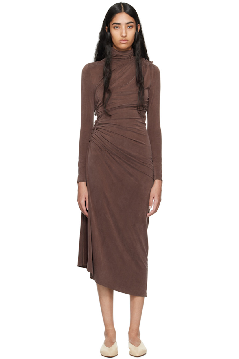 Stretch cupro jersey dress. Ruching and ruffles throughout. 

· Draped construction 
· Turtleneck
· Slit at side seam 
· Unlined 

Supplier color: Sandwash