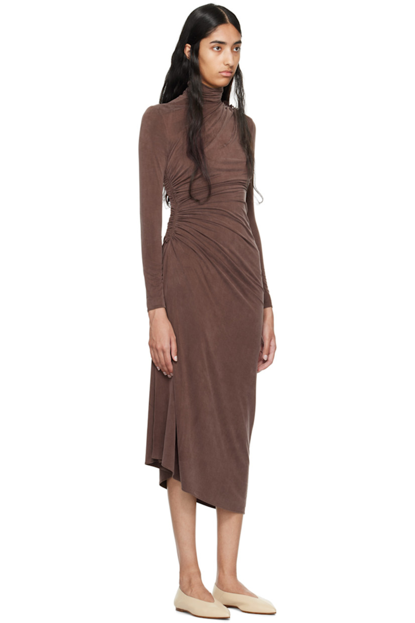 Stretch cupro jersey dress. Ruching and ruffles throughout. 

· Draped construction 
· Turtleneck
· Slit at side seam 
· Unlined 

Supplier color: Sandwash