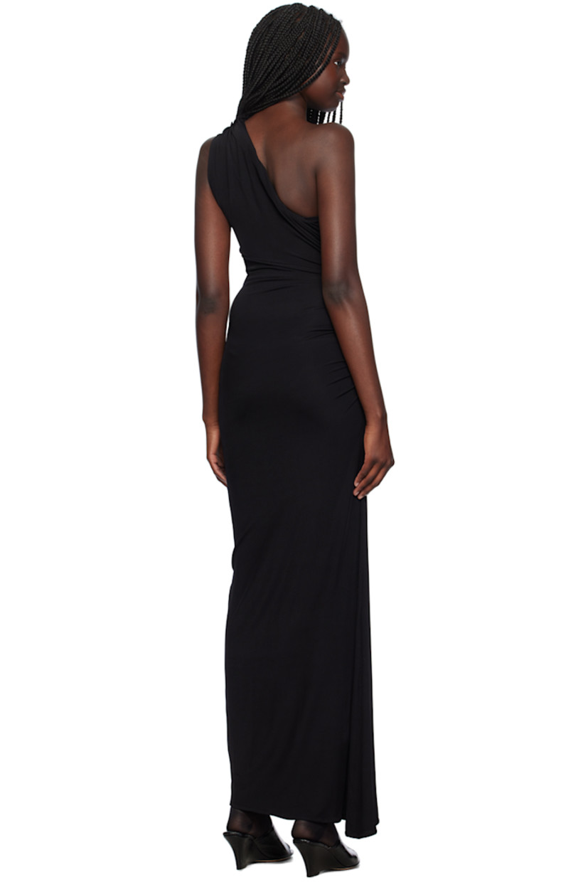 Stretch viscose ribbed jersey dress. Ruching and ruffled trim throughout.

· Single-shoulder construction
· Asymmetric hem

Supplier color: Black