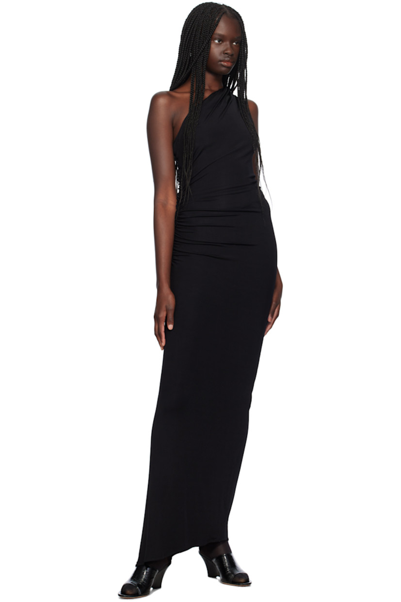 Stretch viscose ribbed jersey dress. Ruching and ruffled trim throughout.

· Single-shoulder construction
· Asymmetric hem

Supplier color: Black