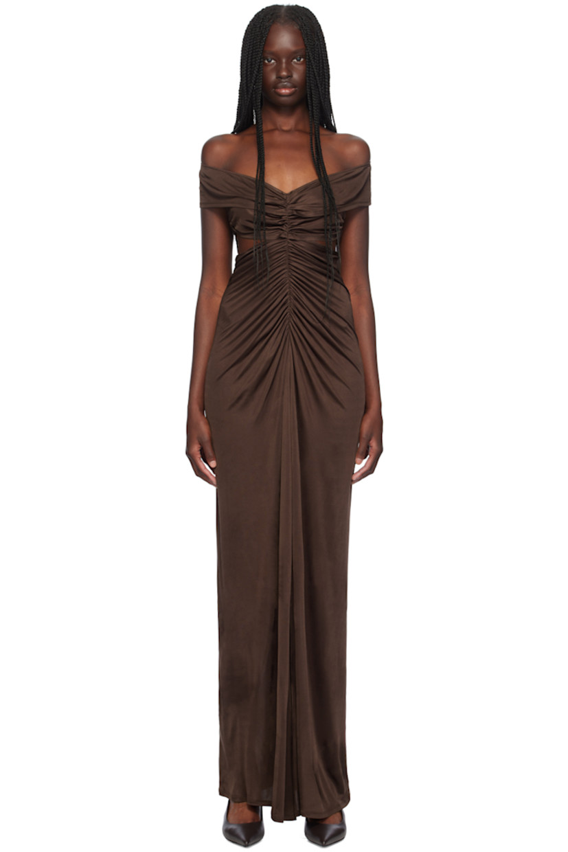 Viscose jersey dress. Ruching throughout.

· Off-the-shoulder construction
· Cutout at waist

Supplier color: Terre