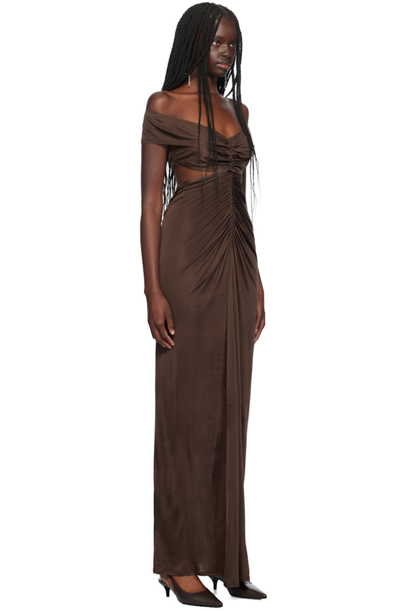 Viscose jersey dress. Ruching throughout.

· Off-the-shoulder construction
· Cutout at waist

Supplier color: Terre