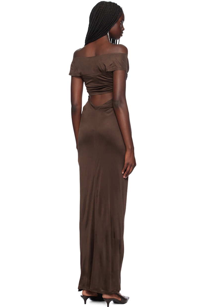 Viscose jersey dress. Ruching throughout.

· Off-the-shoulder construction
· Cutout at waist

Supplier color: Terre