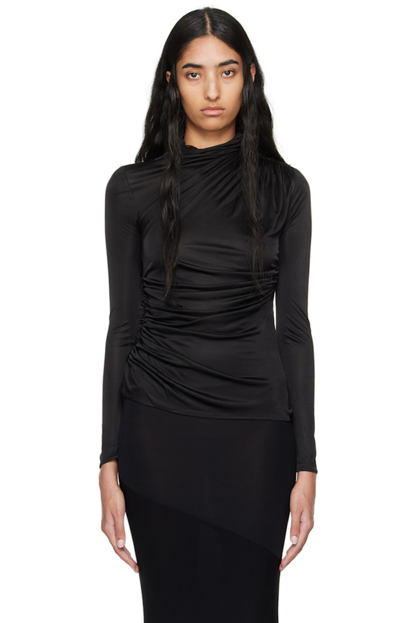 Semi-sheer stretch nylon jersey turtleneck. Ruching throughout.

· Draped construction 
· Turtleneck

Supplier color: Black