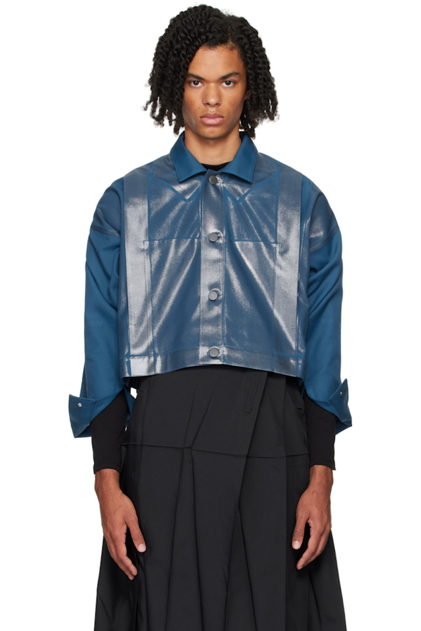 Foil-coated polyester- and cotton-blend twill jacket. Creased detailing throughout.

· Spread collar
· Button closure
· Patch pockets
· Tucks at front and back
· Dropped shoulders
· Single-button barrel cuffs
· Button fastening at back hem

Supplier color: Indigo