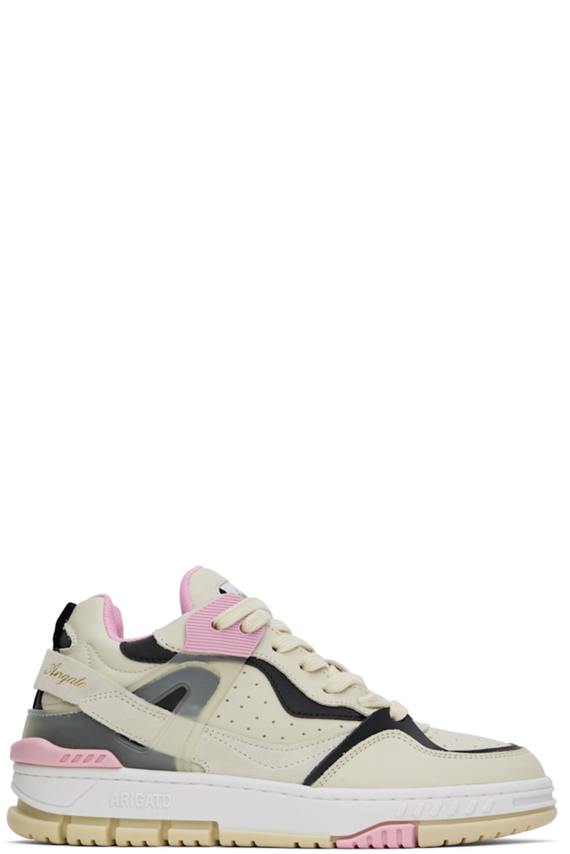 Handcrafted low-top buffed leather and suede sneakers in beige, pink, and black.

· Perforated detailing and TPU trim throughout
· Lace-up closure
· Logo patch at padded tongue
· Padded collar
· Gold-tone logo stamp at heel
· Webbing pull-loop at heel
· Recycled mesh lining
· Logo embossed at textured rubber midsole
· Treaded thermoplastic rubber sole

Supplier color: Cremino/Pink