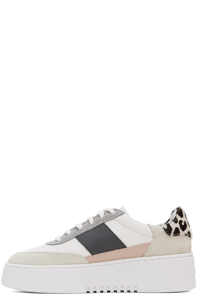 Handcrafted low-top LWG-certified buffed leather and suede sneakers in white and gray. 

· Perforated detailing at toe
· Lace-up closure
· Padded tongue and collar 
· Logo stamp at outer side 
· Leopard pattern printed at hair-on heel tab
· Buffed leather and suede lining
· Logo embossed at rubber platform midsole
· Treaded rubber sole
· Platform: H1.75"

Supplier color: Cremino/Pink