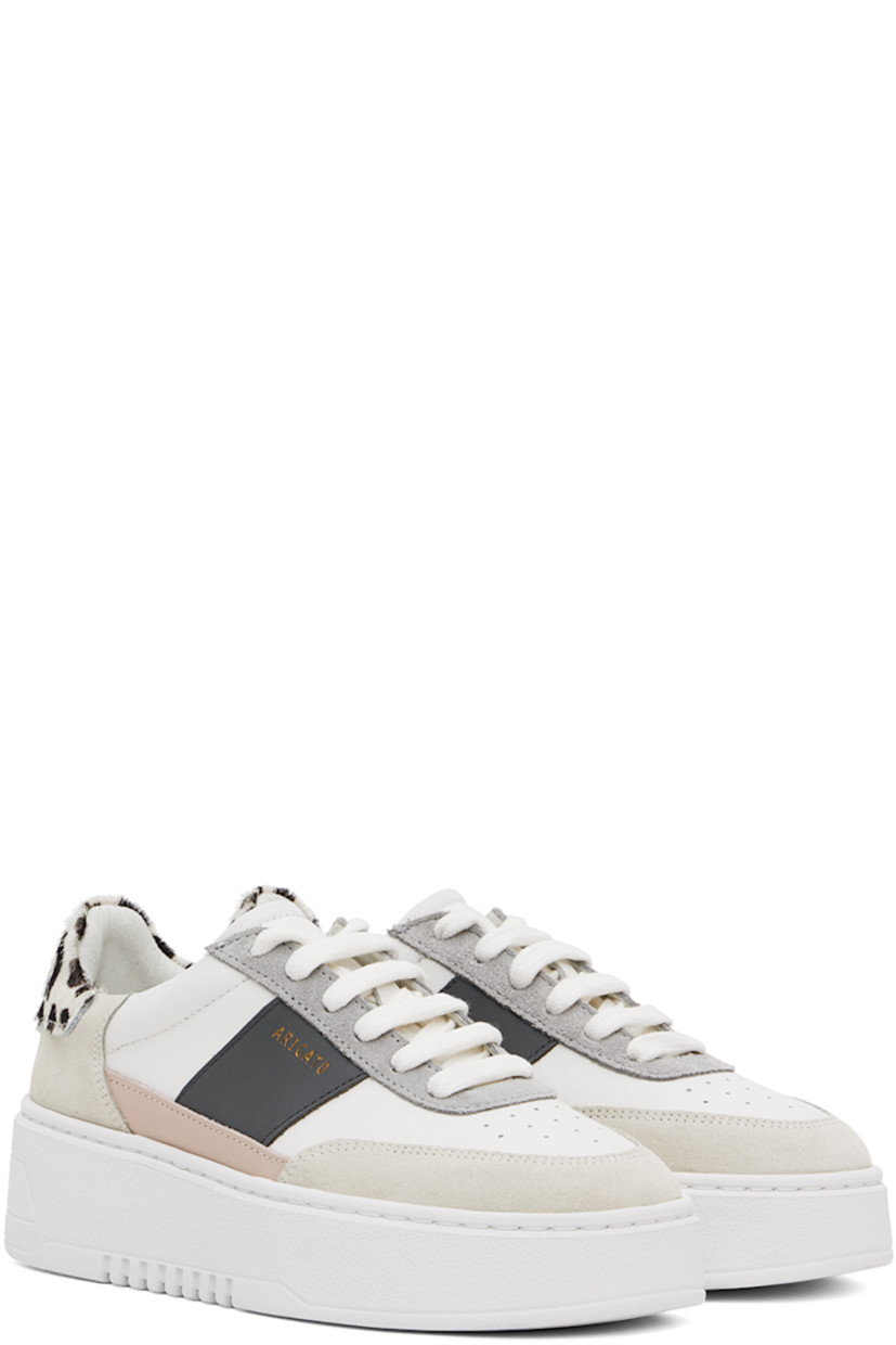 Handcrafted low-top LWG-certified buffed leather and suede sneakers in white and gray. 

· Perforated detailing at toe
· Lace-up closure
· Padded tongue and collar 
· Logo stamp at outer side 
· Leopard pattern printed at hair-on heel tab
· Buffed leather and suede lining
· Logo embossed at rubber platform midsole
· Treaded rubber sole
· Platform: H1.75"

Supplier color: Cremino/Pink