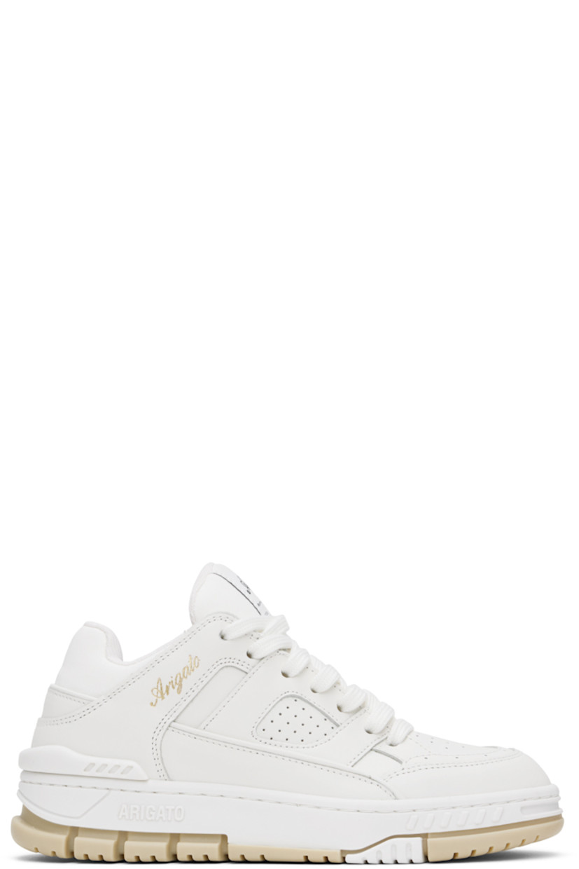 Low-top handcrafted buffed leather and recycled polyester canvas sneakers in white.

· Perforated detailing throughout
· Lace-up closure
· Logo patch at padded tongue
· Gold-tone logo stamp at outer side
· Recycled polyester mesh and faux-suede lining
· TPU heel clip 
· Logo embossed at midsole
· Treaded thermoplastic rubber sole

Supplier color: White/Beige