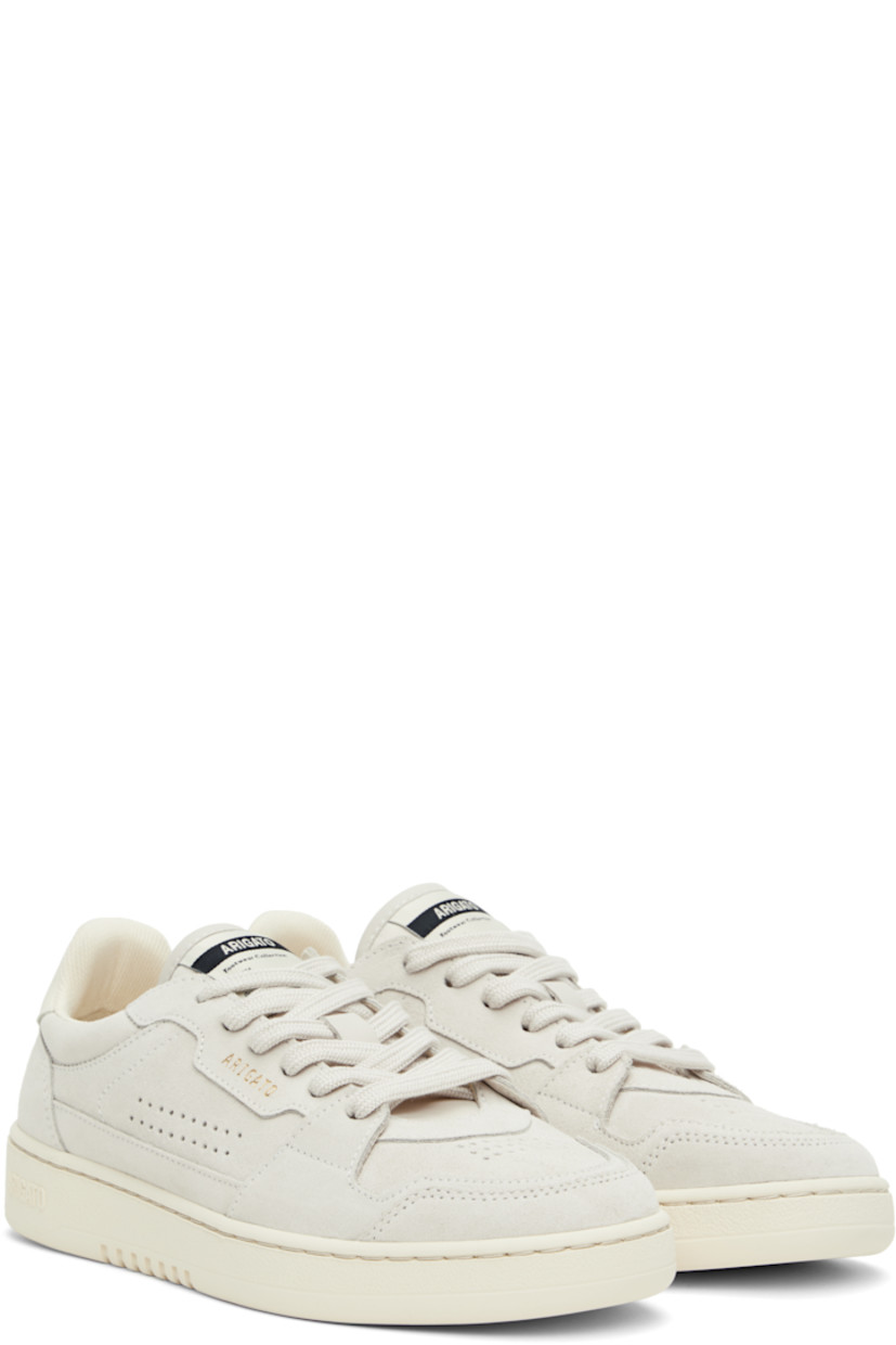 Handcrafted low-top suede sneakers in gray. 

· Perforated detailing throughout
· Lace-up closure
· Logo patch at padded canvas tongue
· Padded collar
· Logo stamp at outer side 
· Logo stamp at buffed leather heel tab 
· Recycled mesh and faux-suede lining
· Logo embossed at textured rubber midsole
· Treaded rubber sole

Supplier color: Off white/Beige