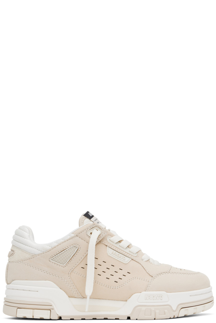 Handcrafted low-top grained leather and jersey sneakers in beige.

· Perforations throughout
· Lace-up closure
· Logo patch at padded quilted tongue
· Padded collar
· Rubber logo patch at outer side 
· Quilted heel tab 
· Rubber logo patch at heel counter 
· Mesh lining
· Logo embossed at midsole
· Treaded rubber sole

Supplier color: Beige/White